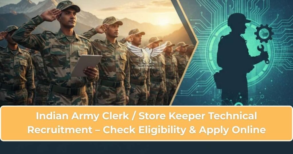 Indian Army Clerk / Store Keeper Technical Recruitment – Check Eligibility & Apply Online Indian Army Clerk and Store Keeper Technical Recruitment 2025 notification with soldiers in uniform standing during document verification.