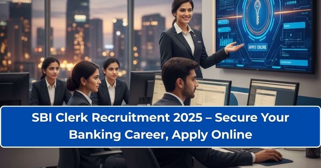SBI Clerk Recruitment 2025 – Secure Your Banking Career, Apply Online SBI Clerk Recruitment 2025 notification with students preparing for bank exam and applying online for Junior Associate posts.
